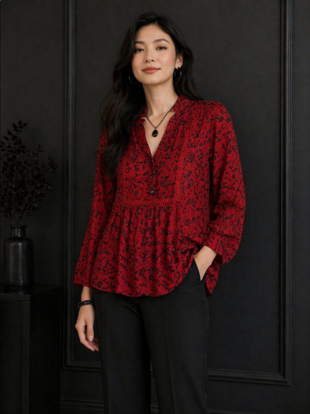 LOFT XL Red Floral Ruffle V-Neck Peasant Blouse